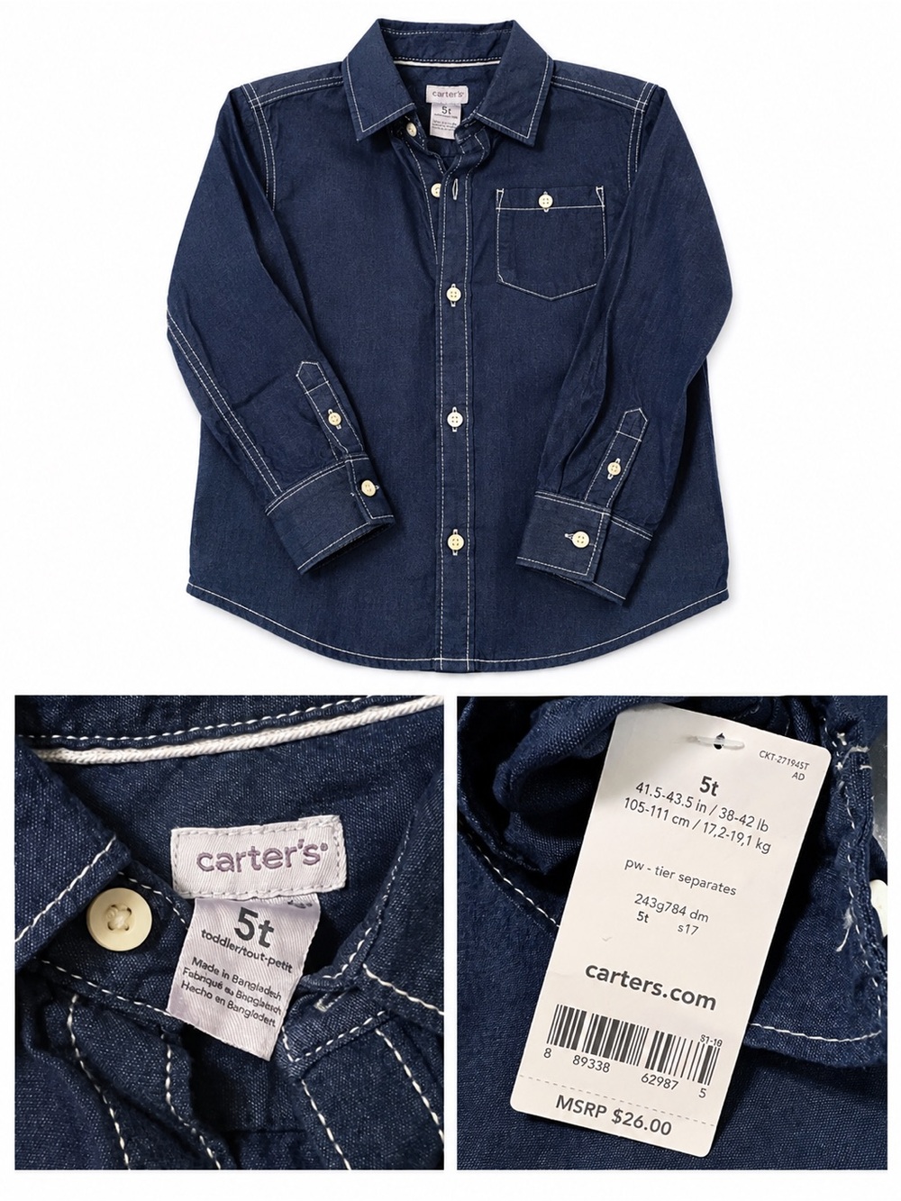 Carter's Boys NWT Chambray Denim Button Down Shirt Dark Wash Blue 5T
